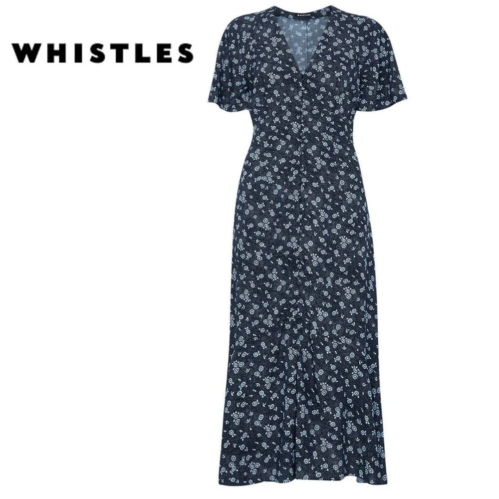 Whistles Navy Blue Floral Print Button-Down Midi Tea Dress, size S